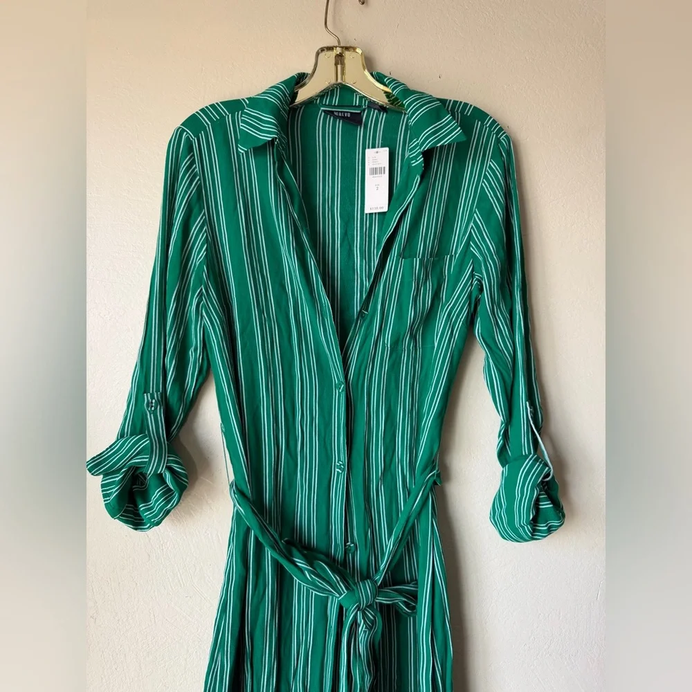 Maeve Anthropologie shirt dress green stripe button down belted size 2 nwt - Picture 3 of 7